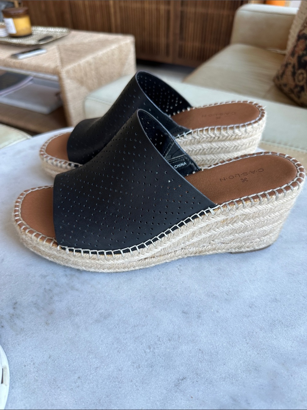 Caslon Black Perforated Espadrille Wedge Slides